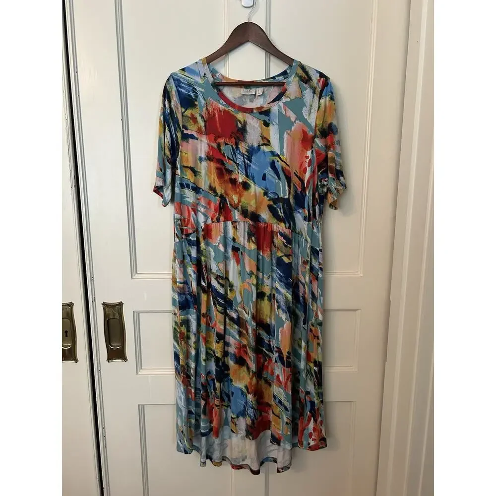 LOGO Lori Goldstein Color Splash Midi Shift Dress Womens SIze Large Stretch